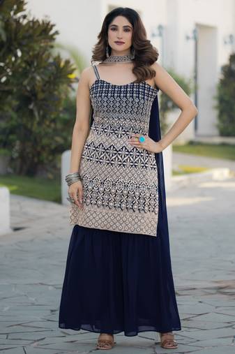 Blue georgette with sequence embroidered work top with plazzo and dupatta