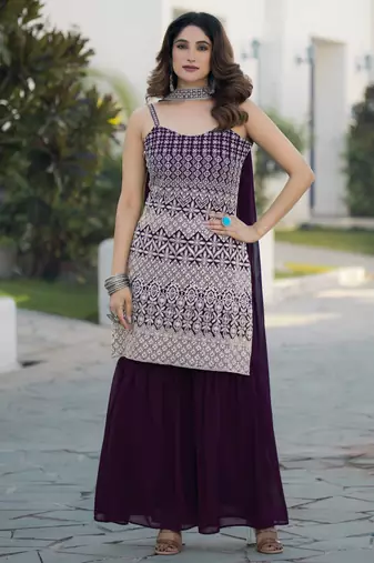 Wine georgette with sequence embroidered work top with plazzo and dupatta