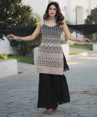 Black georgette with sequence embroidered work top with plazzo and dupatta 1