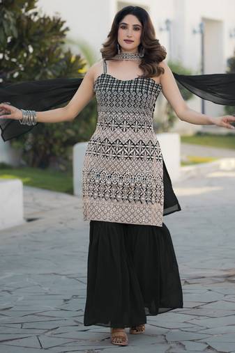 Black georgette with sequence embroidered work top with plazzo and dupatta