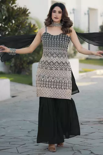 Black georgette with sequence embroidered work top with plazzo and dupatta