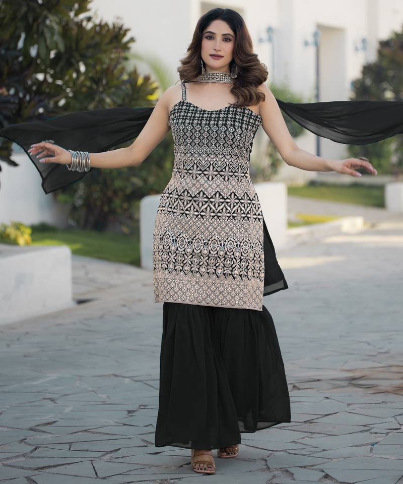 Black georgette with sequence embroidered work top with plazzo and dupatta