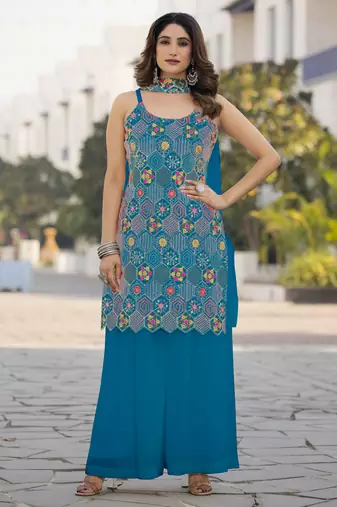 Heavy chinon with embroidery work top with plazzo and dupatta