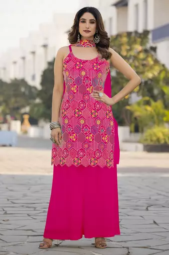 Heavy chinon with embroidery work top with plazzo and dupatta