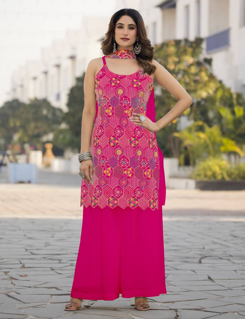 Heavy chinon with embroidery work top with plazzo and dupatta
