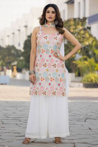 Heavy chinon with embroidery work top with plazzo and dupatta
