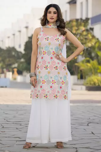 Heavy chinon with embroidery work top with plazzo and dupatta