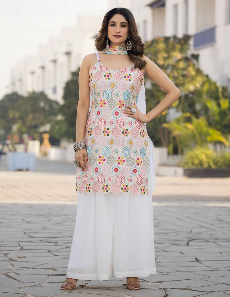 Heavy chinon with embroidery work top with plazzo and dupatta