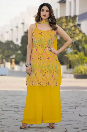 Heavy chinon with embroidery work top with plazzo and dupatta