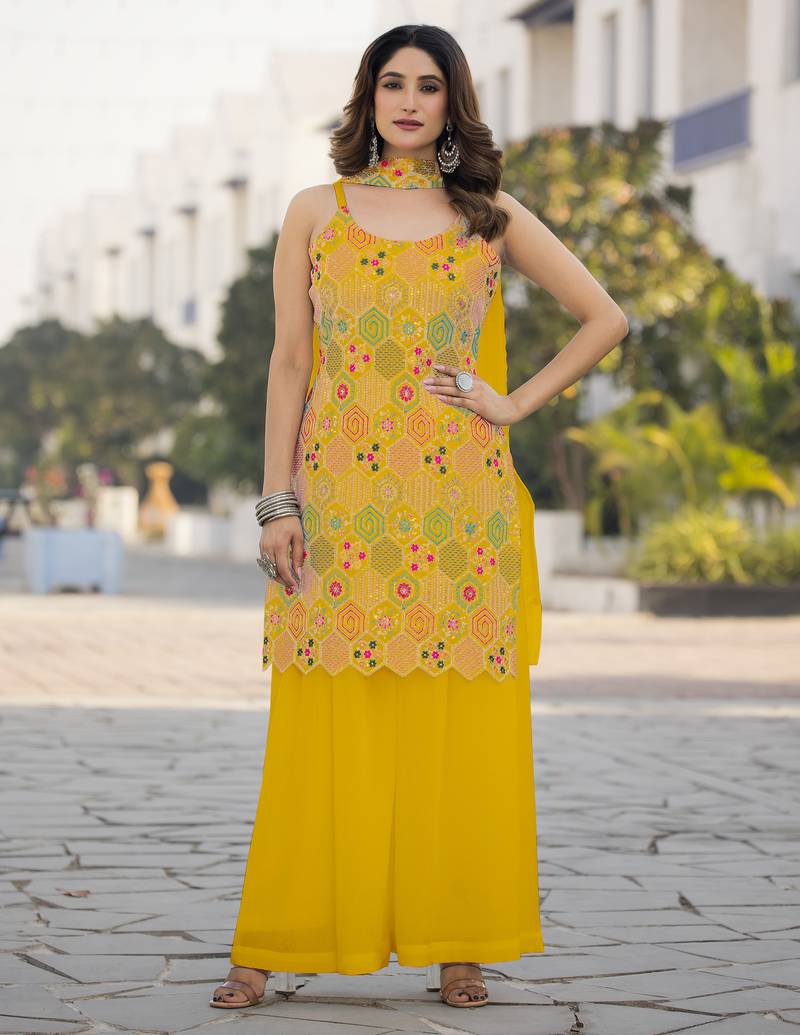 Heavy chinon with embroidery work top with plazzo and dupatta