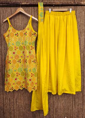 Heavy chinon with embroidery work top with plazzo and dupatta 4