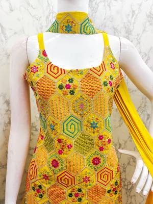 Heavy chinon with embroidery work top with plazzo and dupatta 5