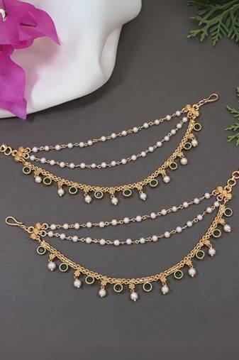 I jewels  indian wedding bollywood pearl layered hair chain/ear chain accessories with hook for women (e3213g)