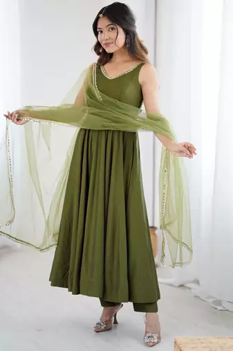 Mehndi Elegant Roman Silk Chanderi Anarkali Suit Set for Festive Occasions