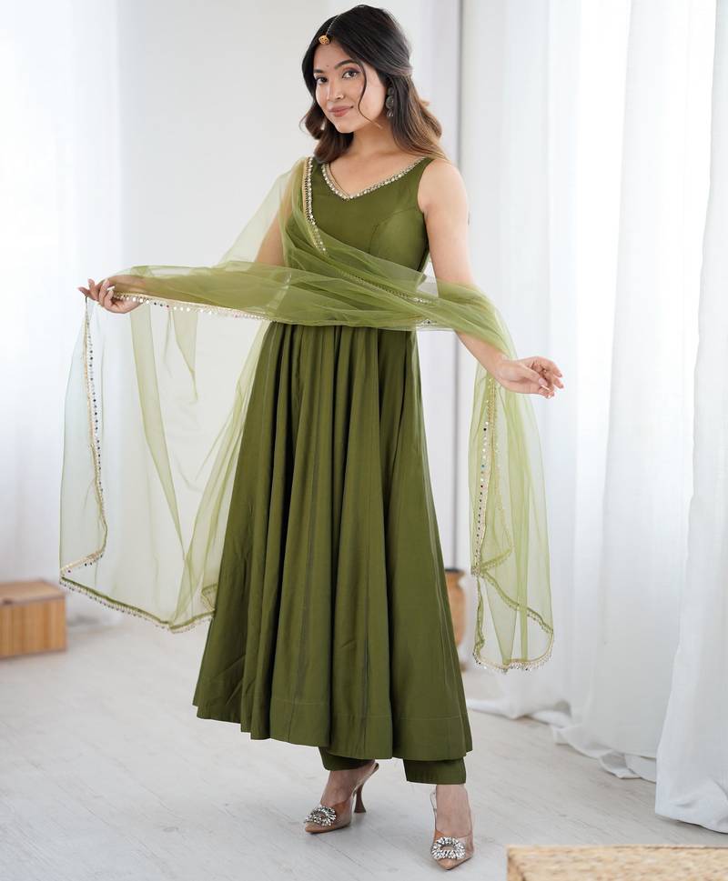 Mehndi Elegant Roman Silk Chanderi Anarkali Suit Set for Festive Occasions