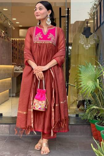 Aaysa Yoke Design Empire Chanderi Silk A-Line Kurta With Trousers & Dupatta