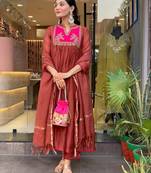  Yoke Design Empire Chanderi Silk A-Line Kurta With Trousers & Dupatta