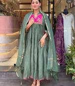  Yoke Design Empire Chanderi Silk A-Line Kurta With Trousers & Dupatta