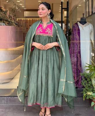  Yoke Design Empire Chanderi silk blend A-Line Kurta With Trousers & Dupatta 2
