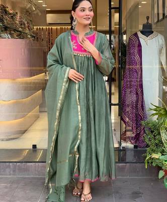  Yoke Design Empire Chanderi silk blend A-Line Kurta With Trousers & Dupatta 3