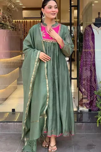  Yoke Design Empire Chanderi Silk A-Line Kurta With Trousers & Dupatta