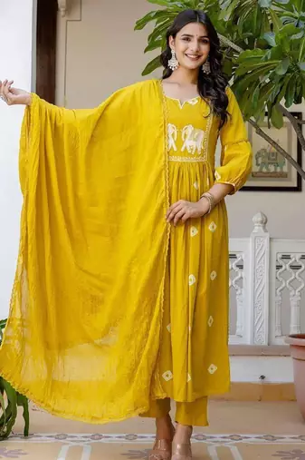 Aaysa Women Ethnic Motifs Embroidered Cotton Anarkali Kurta with Trousers & Dupatta