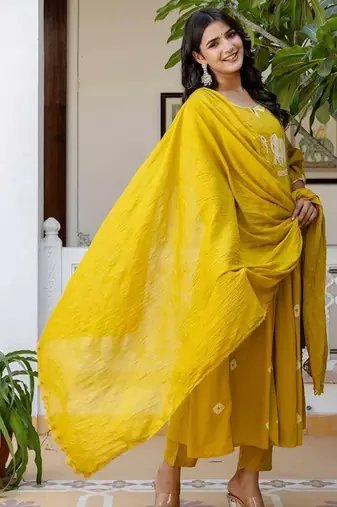  Women Ethnic Motifs Embroidered Cotton Anarkali Kurta with Trousers & Dupatta