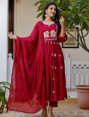 Women Ethnic Motifs Embroidered Cotton Anarkali Kurta with Trousers & Dupatta 1