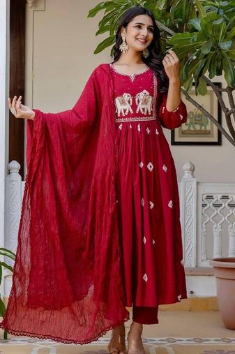 Women Ethnic Motifs Embroidered Cotton Anarkali Kurta with Trousers & Dupatta