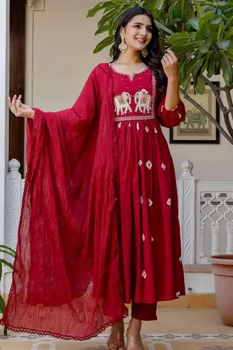 Women Ethnic Motifs Embroidered Cotton Anarkali Kurta with Trousers & Dupatta