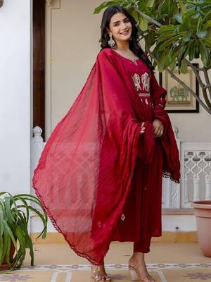 Women Ethnic Motifs Embroidered Cotton Anarkali Kurta with Trousers & Dupatta 3