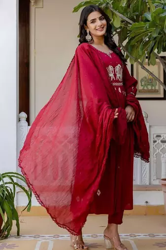 Women Ethnic Motifs Embroidered Cotton Anarkali Kurta with Trousers & Dupatta