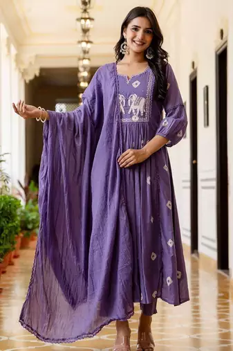 Women Ethnic Motifs Embroidered Cotton Anarkali Kurta with Trousers & Dupatta