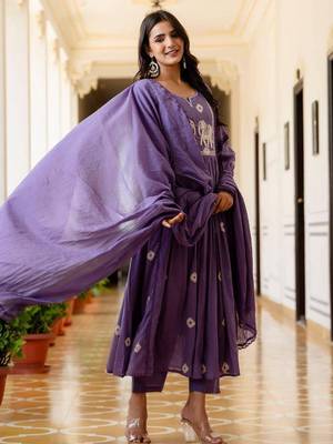 Women Ethnic Motifs Embroidered Cotton Anarkali Kurta with Trousers & Dupatta 3