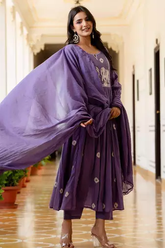 Women Ethnic Motifs Embroidered Cotton Anarkali Kurta with Trousers & Dupatta