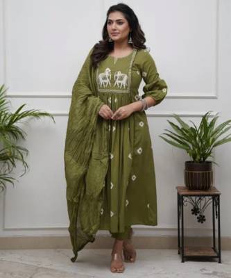 Women Ethnic Motifs Embroidered Cotton Anarkali Kurta with Trousers & Dupatta 1