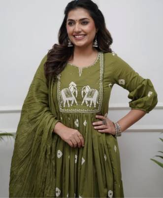Women Ethnic Motifs Embroidered Cotton Anarkali Kurta with Trousers & Dupatta 3