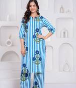  Women Striped Printed Cotton Kurta with Trousers