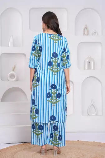  Women Striped Printed Cotton Kurta with Trousers