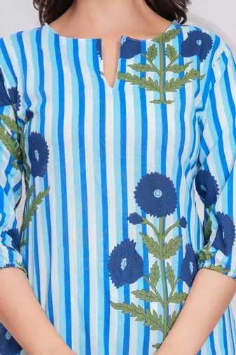  Women Striped Printed Cotton Kurta with Trousers