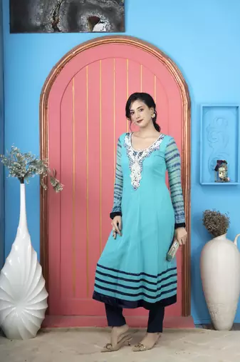 Light-blue embroidered georgette a line kurta pants set