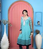 Light-blue embroidered georgette a line kurta pants set