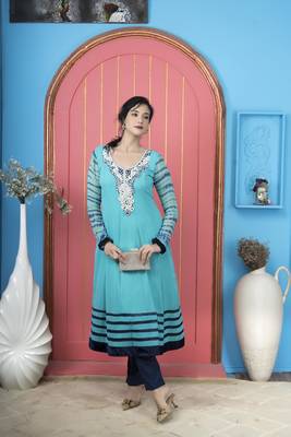 Light-blue embroidered georgette a line kurta pants set 2