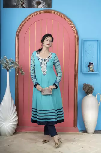 Light-blue embroidered georgette a line kurta pants set