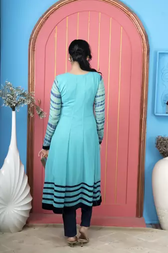 Light-blue embroidered georgette a line kurta pants set