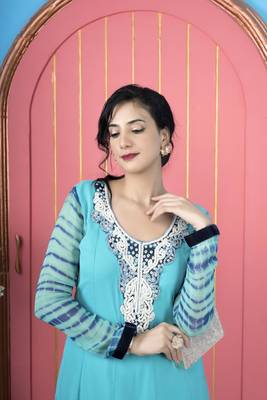 Light-blue embroidered georgette a line kurta pants set 5