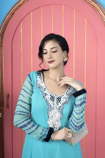 Light-blue embroidered georgette a line kurta pants set