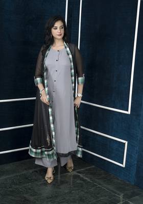 Black embroidered georgette jacket style kurta culottes set 1