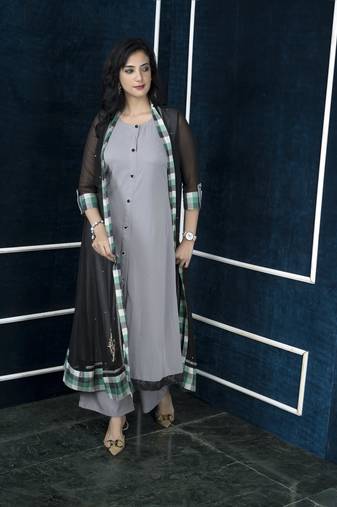 Black embroidered georgette jacket style kurta culottes set