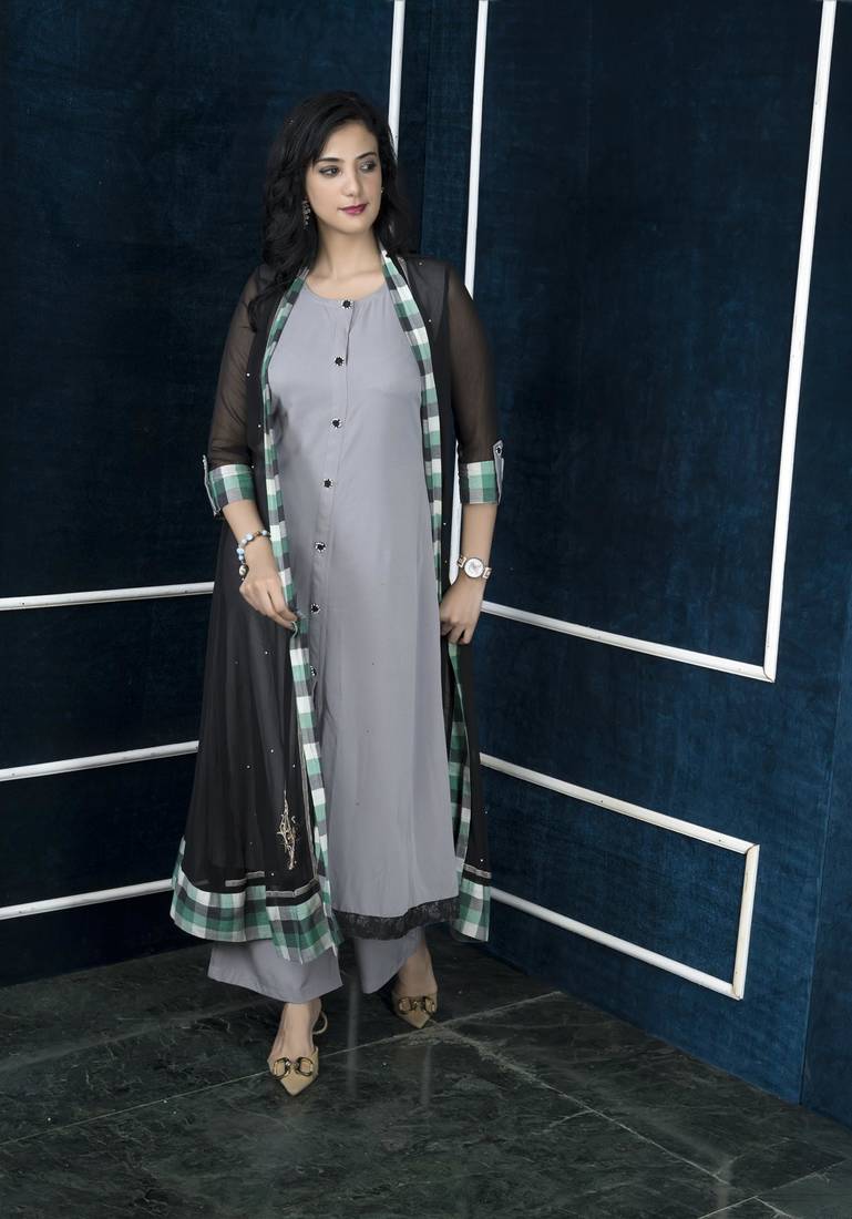Black embroidered georgette jacket style kurta culottes set